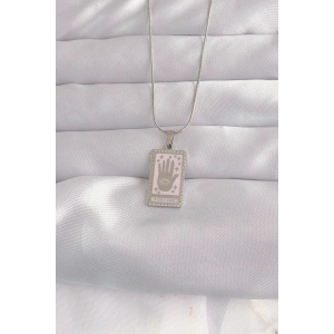 HarmonyAura 316L Çelik Gümüş Renk Pembe Mineli El Figür Tarot Kolye