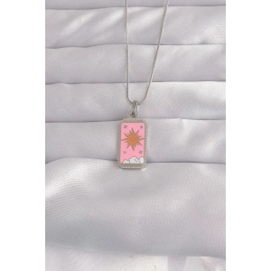 HarmonyAura 316L Çelik Gümüş Renk Pembe Mineli Güneş Model Tarot Kolye