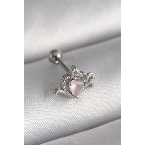 HarmonyAura 316L Çelik Gümüş Renk Pembe Mineli Kalp Zirkon Taş Detay Tragus Piercing