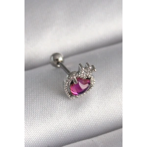 HarmonyAura 316L Çelik Gümüş Renk Pembe Mineli Kalp Zirkon Taş Detaylı Taç Tragus Piercing