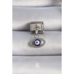 HarmonyAura 316L Çelik Gümüş Renk Sallantılı Göz Figür Nazar Boncuk Detay Nomination Charm