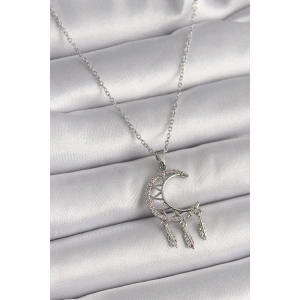 HarmonyAura 316L Çelik Gümüş Renk Zincir Zirkon Taşlı Hilal Model Sallantı Yaprak Detay Kadın Kolye