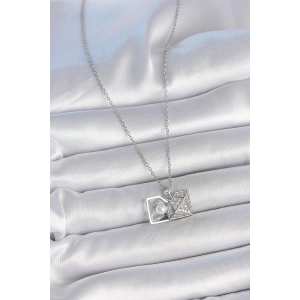 HarmonyAura 316L Çelik Gümüş Renk Zincir Zirkon Taşlı İncili Açılır Elmas Model Kadın Kolye