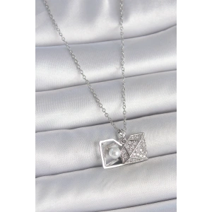 HarmonyAura 316L Çelik Gümüş Renk Zincir Zirkon Taşlı İncili Açılır Elmas Model Kadın Kolye