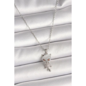 HarmonyAura 316L Çelik Gümüş Renk Zincir Zirkon Taşlı Kedi Model Kadın Kolye