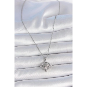 HarmonyAura 316L Çelik Gümüş Renk Zincir Zirkon Taşlı Pusula Model Kadın Kolye