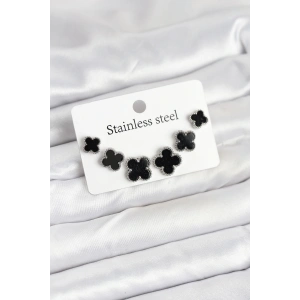 HarmonyAura 316L Çelik Gümüş Siyah Renk 3 Boy Yonca Küpe Seti