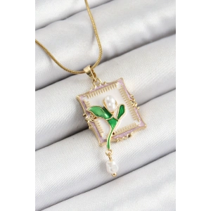 HarmonyAura 316L Çelik Zincir Beyaz Sanatsal Portre Sallantılı İnci Detaylı Lale Model Gold Renk Kadın Kolye