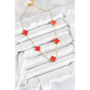 HarmonyAura 316L Çelik Zincir Gold Kırmızı Renk Yonca Kadın Kolye
