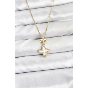 HarmonyAura 316L Çelik Zincir Gold Renk 4 Yapraklı Yonca Model Zirkon Taşlı Kadın Kolye