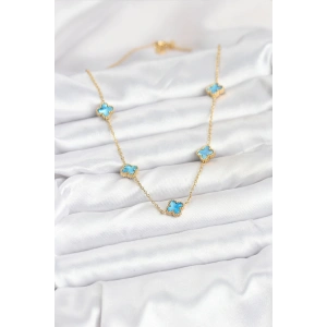 HarmonyAura 316L Çelik Zincir Gold Renk Buz Mavisi Baby Boy Yonca Kadın Kolye