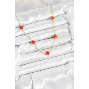 HarmonyAura 316L Çelik Zincir Gold Renk Kırmızı Baby Boy Yonca Kadın Kolye