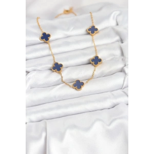 HarmonyAura 316L Çelik Zincir Gold Renk Lacivert Yonca Kadın Kolye