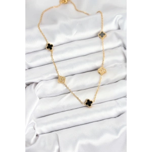 HarmonyAura 316L Çelik Zincir Gold Renk Siyah ve Zirkon Taşlı Baby Boy Yonca Kadın Kolye
