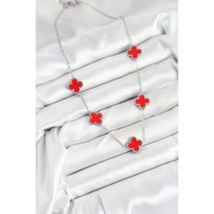 HarmonyAura 316L Çelik Zincir Gümüş Kırmızı Renk Yonca Kadın Kolye