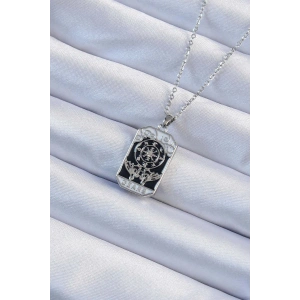 HarmonyAura 316L Çelik Zincir Gümüş Renk İşlemeli Siyah Mineli Tarot Kolye