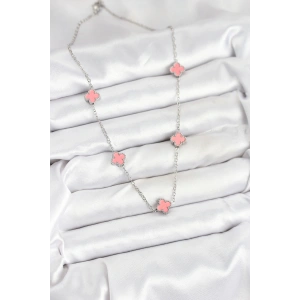 HarmonyAura 316L Çelik Zincir Gümüş Renk Pembe Baby Boy Yonca Kadın Kolye