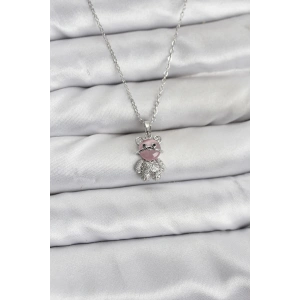 HarmonyAura 316L Çelik Zincir Gümüş Renk Teddy Bear Model Zirkon Taşlı Kadın Kolye