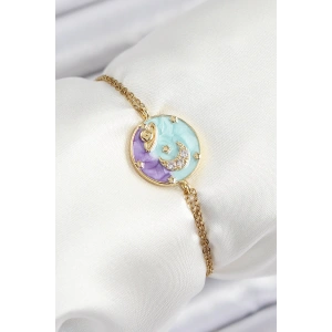 HarmonyAura 316L Çelik Zincir Mineli Sanatsal Portre Zirkon Taşlı Gezegen Model Gold Renk Kadın Bileklik