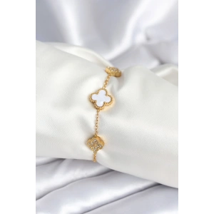 HarmonyAura 316L Çelik Zincir Zirkon Taşlı Yonca Beyaz Kadın Bileklik