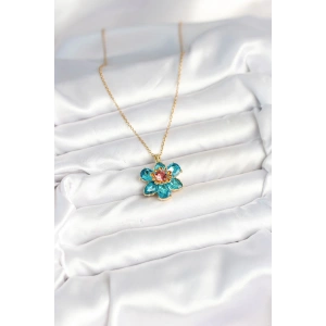 HarmonyAura 316L Çelik Zincirli Mavi Çiçek Model Kadın Kolye