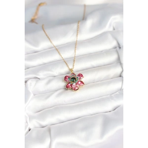 HarmonyAura 316L Çelik Zincirli Pembe Çiçek Model Kadın Kolye