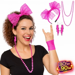 HarmonyAura 80’ler 90’lar Neon Pembe Parti Seti – Kolye Küpe Taç