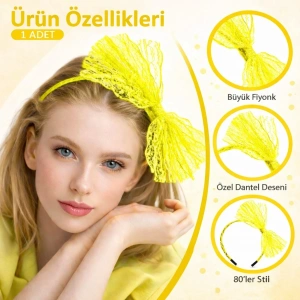 HarmonyAura 80’ler 90’lar Neon Sarı Dantel Taç Fiyonklu