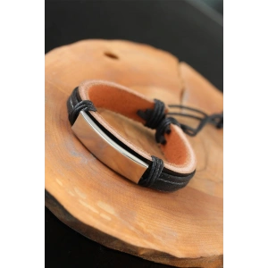 HarmonyAura Çelik Aksesuarlı Siyah Renk Deri Erkek Bileklik