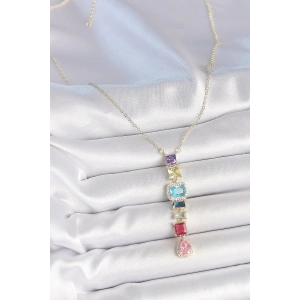 HarmonyAura Gold Karışık Renk Zirkon Taşlı Y Pirinç Kolye