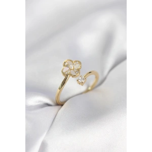 HarmonyAura Gold Renk Zirkon Taşlı Yonca Model Kadın Yüzük