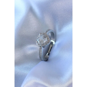 HarmonyAura Gümüş Renk Kalp Zirkon Taşlı Charm Model Pirinç Kadın Yüzük