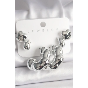 HarmonyAura Gümüş Renk Yonca Damla Halka Model CCB Plastik Kadın Küpe Seti