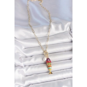 HarmonyAura İnci Detaylı Zirkon Taşlı Rainbow Balık Figürlü Gold Renk Pirinç Kolye