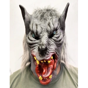 HarmonyAura Kafaya Tam Geçmeli Lateks Dil Çıkaran Mavi Gözlü Kurt Maskesi