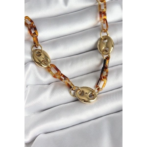 HarmonyAura Leopar Desenli Mika Gold Renk Zincir Kadın Kolye