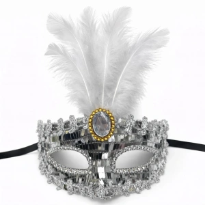 HarmonyAura Lüks Gümüş Tüylü Taşlı Balo Maskesi