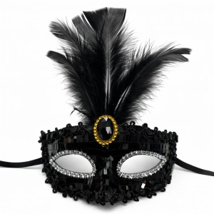 HarmonyAura Lüks Siyah Tüylü Taşlı Balo Maskesi