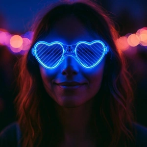 HarmonyAura Mavi LED Işıklı Kalp Gözlük – 3 Modlu Parti & Glow Gözlüğü