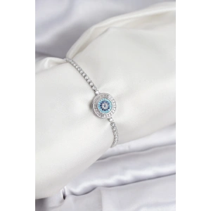 HarmonyAura Nazar Model Zirkon Taşlı Gümüş Renk Asansörlü Su Yolu Bileklik