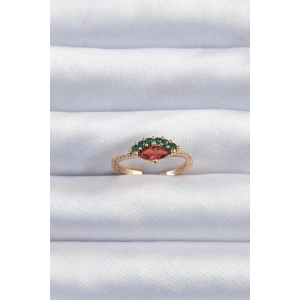 HarmonyAura Pirinç Altın Renk Renkli Zirkon Taşlı Ayarlanabilir Karpuz Model Yüzük