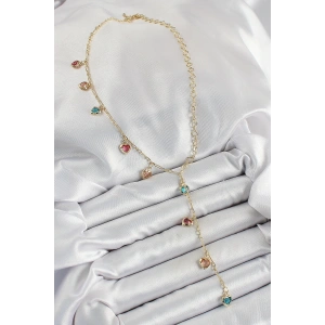 HarmonyAura Pirinç Asorti Kalp Model Gold Renk Zirkon Taşlı Y Kolye