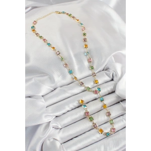 HarmonyAura Pirinç Asorti Kare Model Gold Renk Zirkon Taşlı Y Kolye