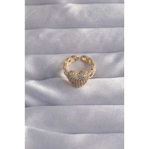 HarmonyAura Pirinç Ayarlamalı Gold Renk Zirkon Taşlı Bombeli Kalp Yüzük