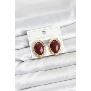 HarmonyAura Pirinç Gold Renk Bordo Model Vintage Kadın Küpe
