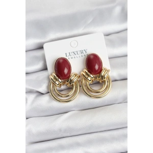 HarmonyAura Pirinç Gold Renk Bordo Taşlı Vintage Kadın Küpe