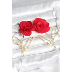 HarmonyAura Pirinç Gold Renk Kırmızı Gül Model Kadın Küpe