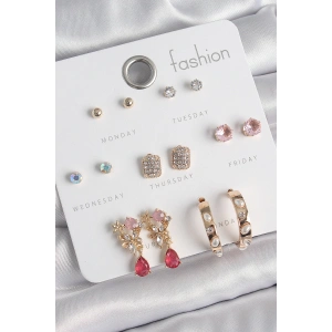 HarmonyAura Pirinç Gold Renk Zirkon Taşlı Çiçek Figür İncili Halka Figür 7 Çift Kadın Küpe Seti