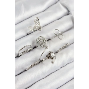 HarmonyAura Pirinç Gül Kelebek Model Gümüş Renk Kadın Yüzük Kombin Set