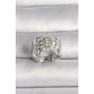 HarmonyAura Pirinç Gümüş Renk Ayarlanabilir Baget Zirkon Taş Model Kadın Yüzük